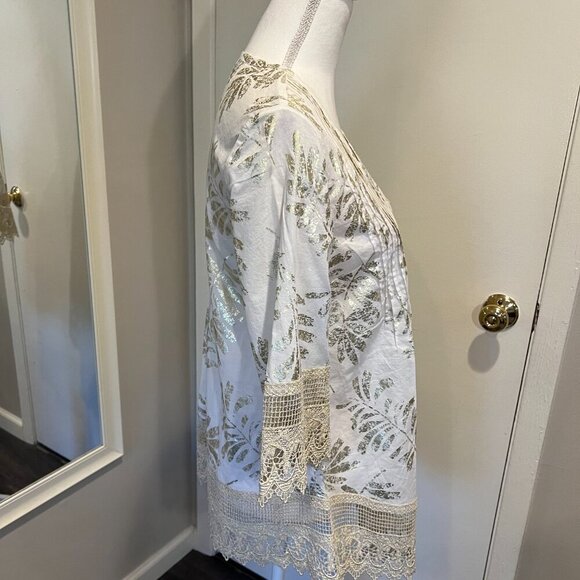 Alfani White and Gold Pintuck Metallic Lace Cotton Tunic Top, Size 2 - Picture 8 of 16